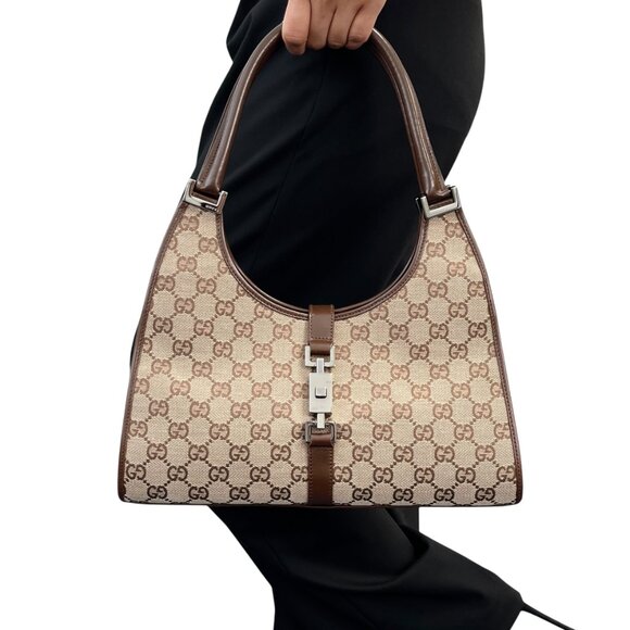 GUCCI Vintage GG Monogram Jackie Shoulder Bag Brown Beige Silver Canvas [105286] - Picture 3 of 11